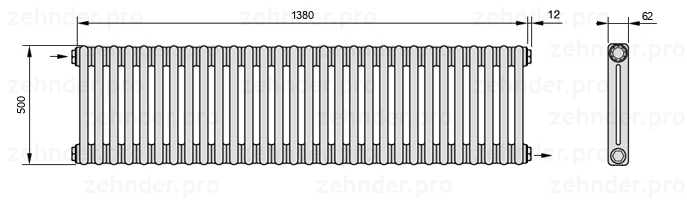 Схема (чертеж) Радиатор Zehnder Charleston 2050/30 №1670 Белый глянцевый RAL 9016